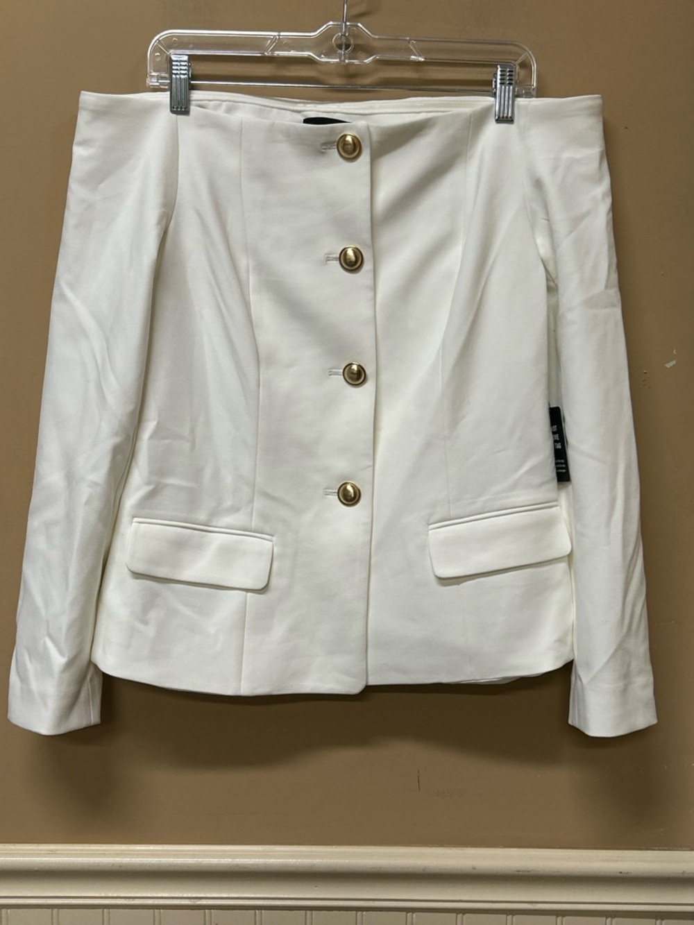 Express White Off Shoulder Jacket With Gold Tone Buttons Size 10 NWT